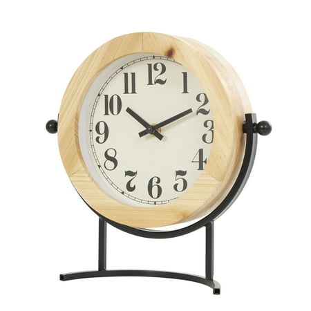 DecMode 10 Light Brown Wood Clock with Curved Black Metal Stand and Ball Details