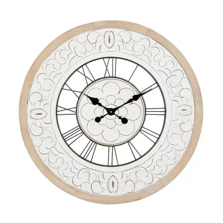 DecMode 32 White Wooden Floral Carved Wall Clock with Black Metal Accents