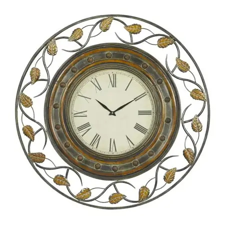 DecMode 36 Brown Metal Leaf Wall Clock with Scrolled Vines