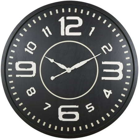 DecMode 59 Black Wood Large Distressed Wall Clock with White Accents