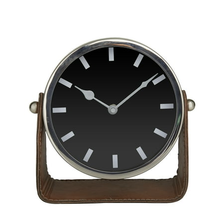 DecMode Stainless Steel Modern Round Decorative Desk Clock 7W x 7H, with Metallic Silver and Leathery Brown Stand