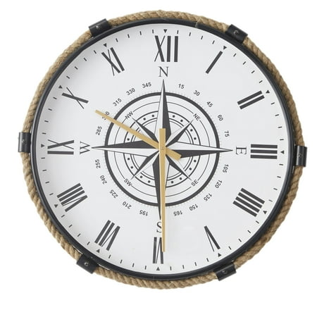 DecMode Stainless Steel Nautical with Printed Compass Design Arabic Numbered Wall Clock 20W x 19H, with Brown, Black, White and Gold Finishes