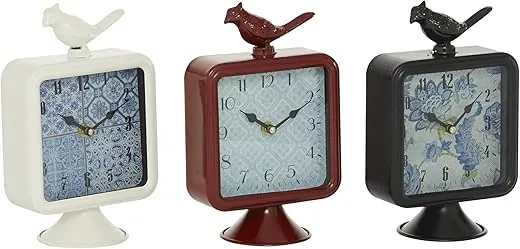 Deco 79 Metal Bird Decorative Clock Mantel Clock, set of 3 Tabletop Clock 6 x 3 x 9, Multi Colored