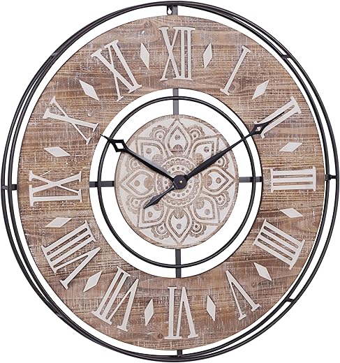 Deco 79 Metal Decorative Wall Clock Wall Clock for Home with Wood Accents, Wall Clock for Room 34 x 3 x 34, Brown