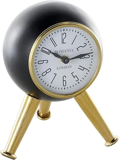 Deco 79 Metal Orb Tabletop Clock with White Clockface and Gold Tripod Legs, 7" x 6" x 9", Black