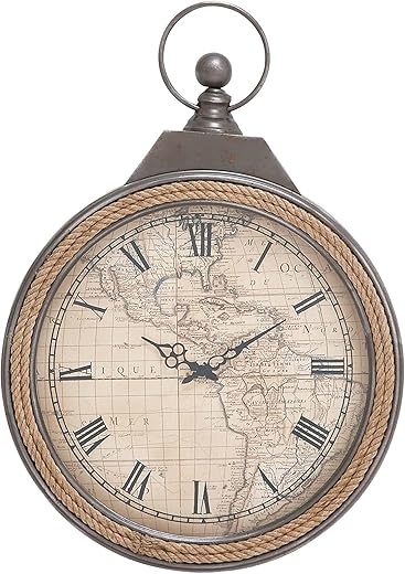 Deco 79 Metal Pocket watch Style Wall Clock with Rope Accent, 21 x 2 x 30, Brown