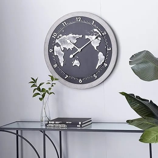 Deco 79 Metal World Map Wall Clock, 25 x 2 x 25, Black