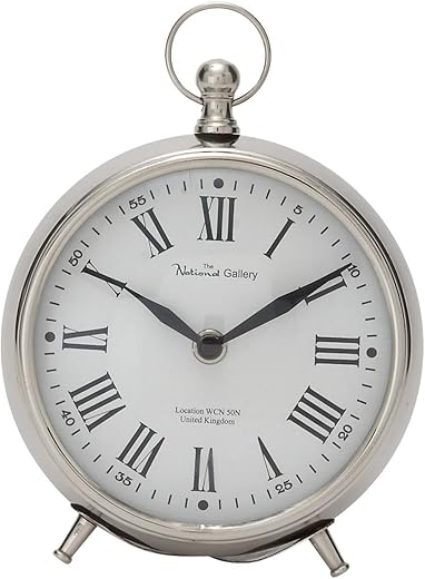 Deco 79 Stainless Steel Metal Decorative Clock Mantel Clock with Ring Top, Tabletop Clock 6 x 3 x 7, Silver