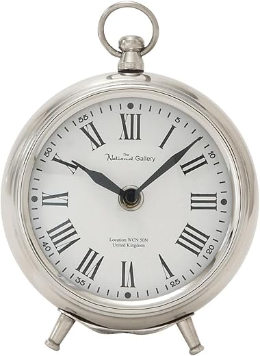 Deco 79 Stainless Steel Metal Decorative Clock Mantel Clock with Ring Top, Tabletop Clock 5 x 2 x 6, Silver