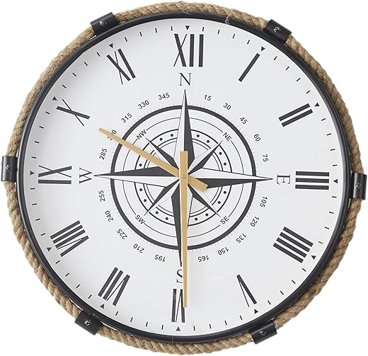 Deco 79 Stainless Steel Metal Decorative Wall Clock Compass Wall Clock for Home with Rope Accents, Wall Clock for Room 20 x 2 x 19, Brown