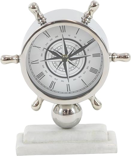 Deco 79 Stainless Steel Ship Wheel Clock with Marble Base, 9 x 3 x 8, Silver