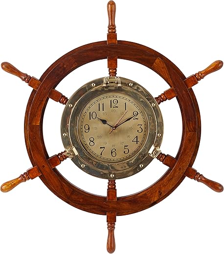 Deco 79 Wood Sail Boat Ship wheel Wall Clock, 30 x 4 x 30, Gold