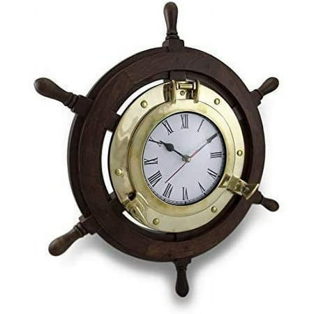 Deco 79 Wood Ship Wheel Clock, 18-Inch, Brass by UMA Enterprises, Inc.