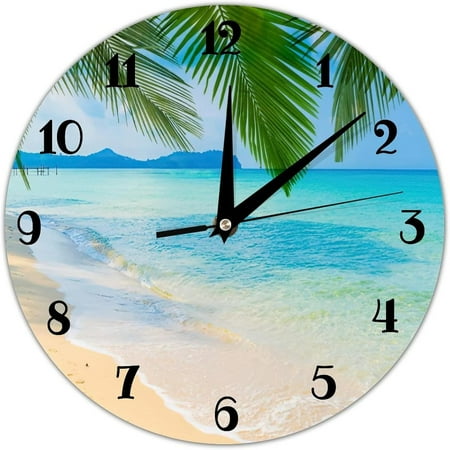 Decorative Farmhouse Wall Clock - Beach Tropical Island With The Palm Leaves Wall Clocks For Kitchen, Office, Bedroom Decorative Hanging Clock, 10 Inches