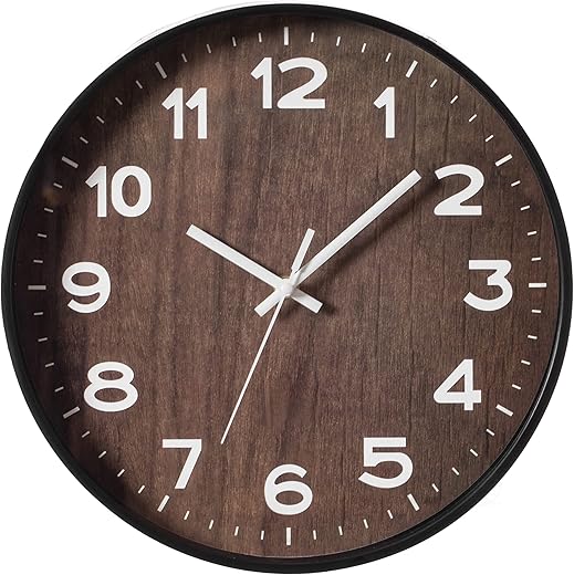 Decorative Modern Round Wood- Looking Plastic Wall Clock for Living Room, Kitchen, or Dining Room, Brown