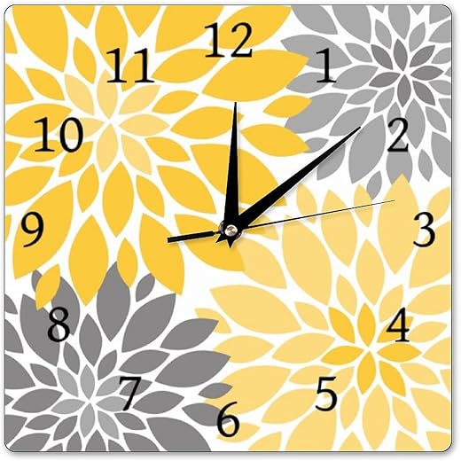 Decorative Wall Clock Dahlia Flowers Yellow and Grey Square Non Ticking Clock for Home Kitchen Living Room Office - 12 Inch