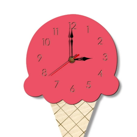 Decor for Living Room Clocks Wall Creative Ice Cream Shaped Acrylic Pink Bamboo Wooden Child