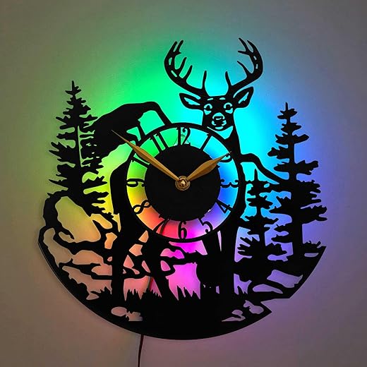 Deer Clock for Walls with Led Light, Room Decor for Log Cabin, Farmhouse, Kitchen, Man Cave, Hunting Themed Gift, Stuff with Elk, Moose, Mountain Time, Black Vinyl Record