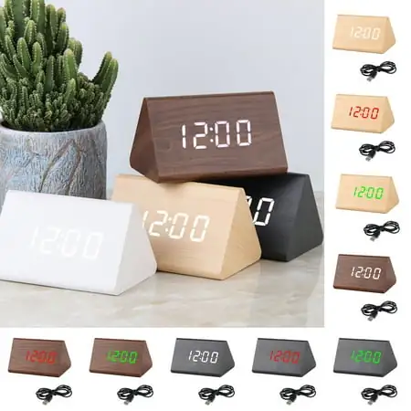 Dengjunhu Modern Triangle Wooden Alarm Sound Control Digital Desk Clock Classical Clock Wood Made LED Clocks for Bedroom, Bedside, Desk, Kids