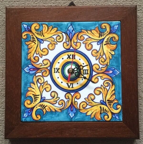 Deruta Pottery-wall clock10,1/2x10,1/2In. Vario-Mediterranean pine-made in Italy