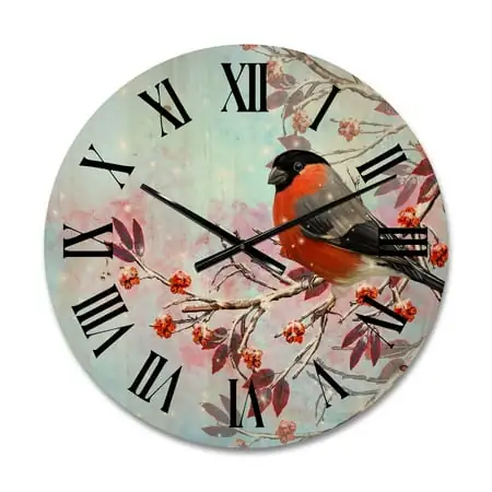 Designart 'A Bright Bullfinch Bird Sitting On A Branch' Traditional Wood Wall Clock