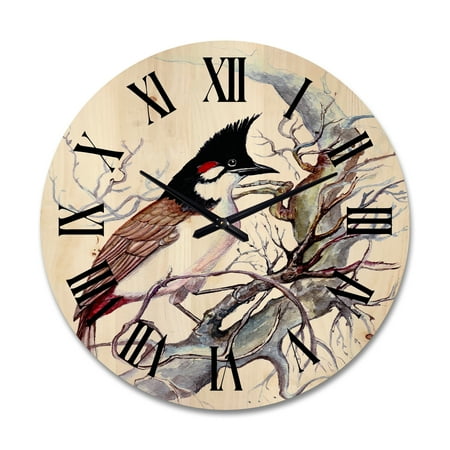 Designart 'Ancient Beautiful Bird On A Branch' Traditional Wood Wall Clock