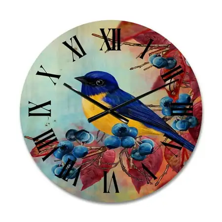 Designart 'Bright Bird Bullfinch Sitting On A Branch of Berries I' Traditional Wood Wall Clock