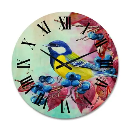 Designart 'Bright Bird Bullfinch Sitting On A Branch of Berries II' Traditional Wood Wall Clock