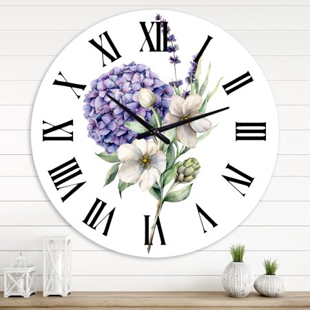 DESIGN ART Designart 'Bouquet Of Hydrangea Anemone Artichoke & Lavender' Traditional wall clock 36 In. Wide x 36 In. High