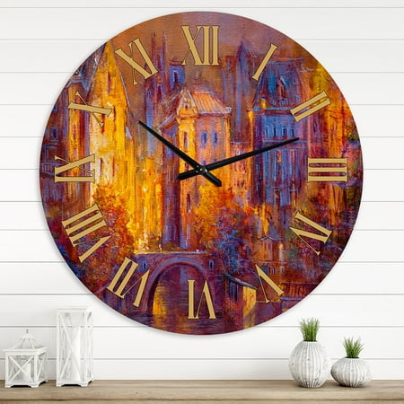 DESIGN ART Designart 'Cityscape By The River II' Modern wall clock 36 In. Wide x 36 In. High