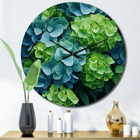 Designart Emerald Blooms Green Blue Hydrangea Floral Oversized Wall Clock