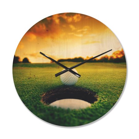 Designart 'Golf Ball Near Hole With Sunset Lights' Modern Wood Wall Clock