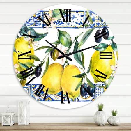 Designart 'Lemon Ornament On Blue Geometrical Pattern Ii' Tropical Wall Clock