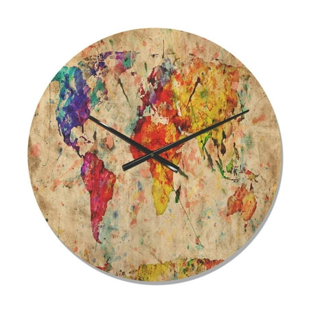 Designart 'Traditional World Map Watercolor ' Modern Wood Wall Clock