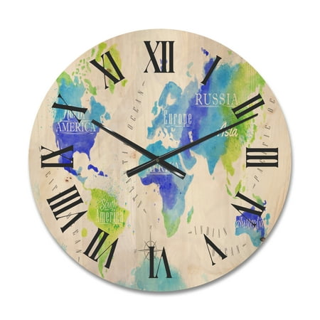 Designart 'World Map In Blue and Green' Modern Wood Wall Clock