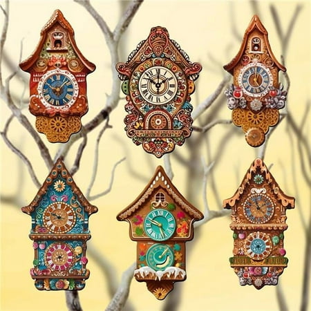 Designocracy 2 x 2 x 0.25 in. Miniature clock Decorative Wooden Clip-on Christmas Decor Ornaments, Set of 6