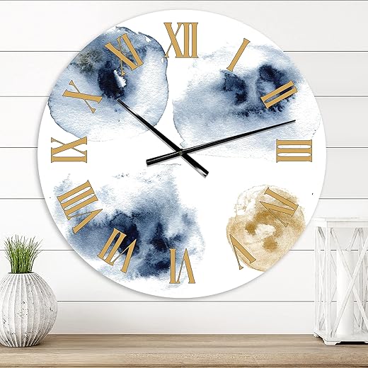 DesignQ Modern Wall Clock 'Abstract of Dark Blue and Gold Cloud' Abstract & Fractals Large Wall Clock for Living Room Decor