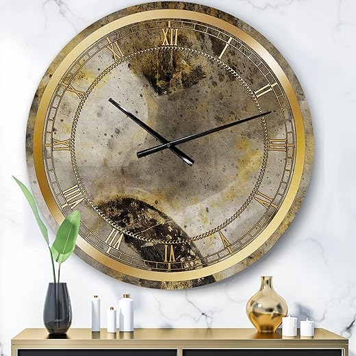 DesignQ Modern Wall Clock 'Glam Gold Desert Neutral I' Abstract Large Wall Clock for Kitchen Decor