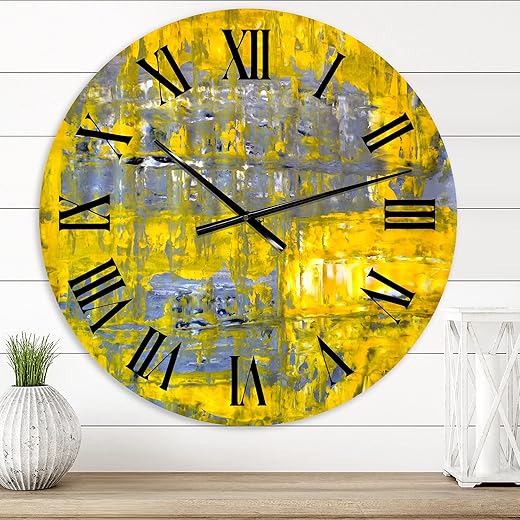 DesignQ Modern Wall Clock 'Yellow Meets Grey Abstract Art I' Abstract & Fractals Large Wall Clock for Kitchen Decor