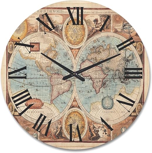 DesignQ 'Vintage Map of The World VIII' Vintage Wood Wall Clock Large Decorative Map Wall Clock Oversized Wood Clocks for Living Room Décor