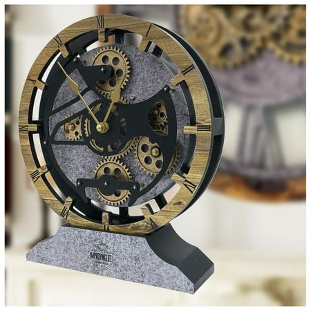 Desk Clock 10 inches with Real Moving Gears Convertible into Wall Clock (Wood and Stone)