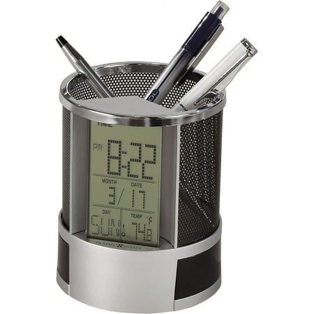 Desk Mate Table Clock 645-759 – Silver Finished, LCD Display Screen, Black Mesh Pencil Cup Side Storage Compartments, Quartz, Alarm Movement