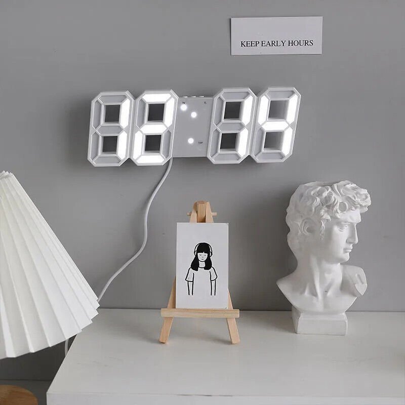 Digital 3D LED Wall Desk Alarm Clock USB Adjustable Brightness Snooze 12/24H