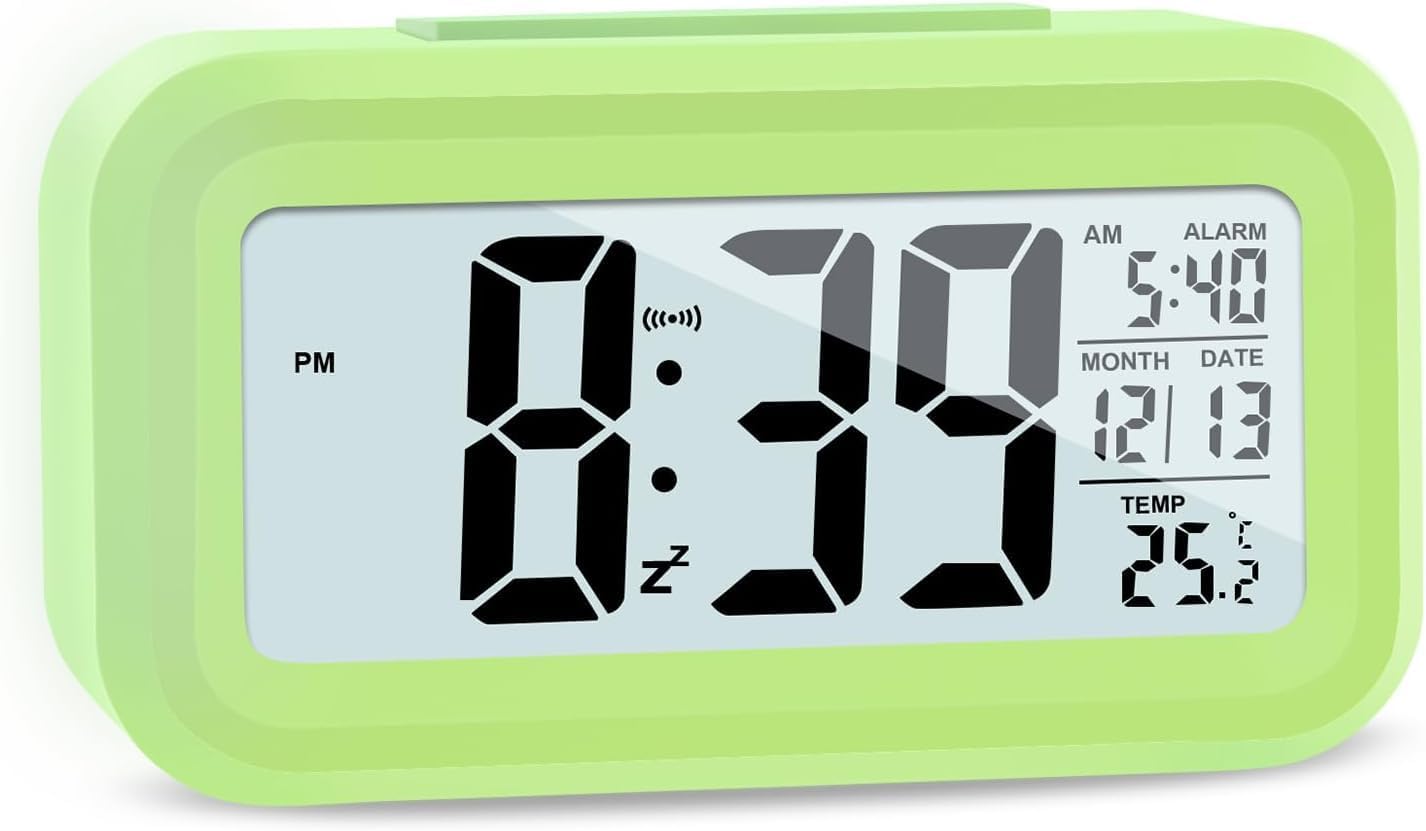 Digital Alarm Clock, 4.3 LED Display with Temperature Larger Lound Light Control Portable Snooze Calendar Brightness with Battery Powered Alarm Clocks Bedside for Everyone (Green)