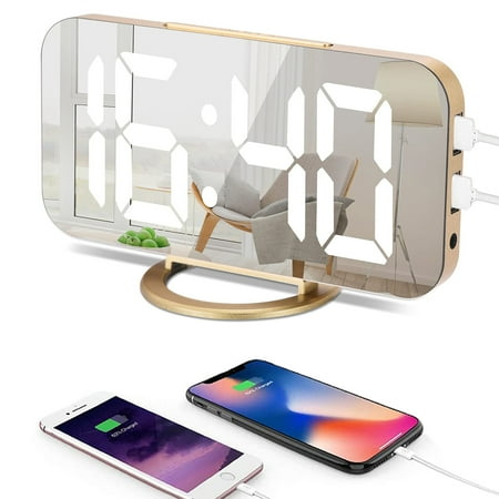 Digital Alarm Clock 6.6 Large Mirrored LED Clock Modern Mirror Desk Wall Clock with Dual USB Charger Ports Home Desk Alarm Clock (Gold)