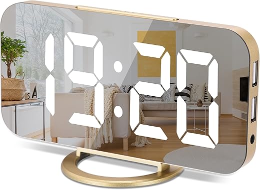 Digital Alarm Clock,6 Large LED Display with Dual USB Charger Ports | Auto Dimmer Mode | Easy Snooze Function, Modern Mirror Desk Wall Clock for Bedroom Home Office for All People (Gold)