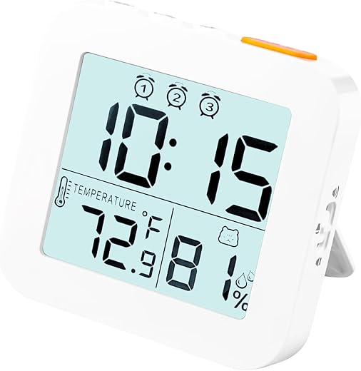 Digital Alarm Clock, Battery Operated Desk Clock with 3 Bells, Small and Light Travel Clock with Temperature, Portable Clock with Humidity, Snooze, 12/24H Display for Heavy Sleepers (White)