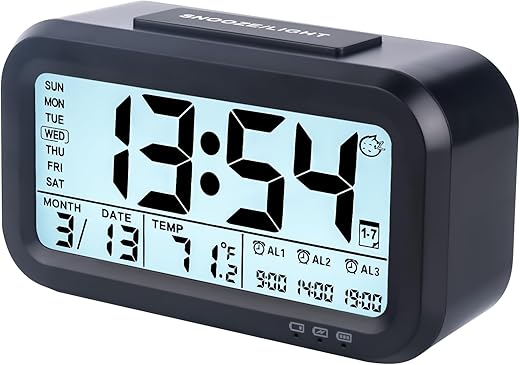 Digital Alarm Clock for Bedroom, 4.3 Screen Desk Clock with 3 Bells, Rechargeable Battery Operated Small Clock with Temperature, Snooze, Calender, 12/24H Display for Heavy Sleepers (Black)