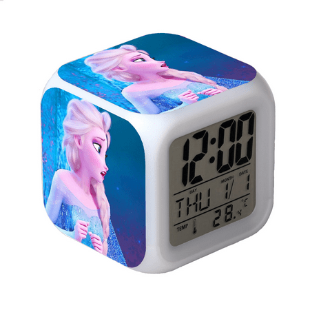 Digital Alarm Clock for Kids, Cartoon Frozen Pattern 7 LED Color Changing Wake Up Clock with Thermometer Function and Night Light, Gift for Boys Girls A93-607