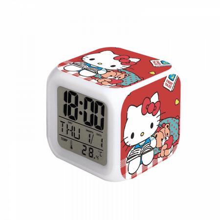 Digital Alarm Clock for Kids, Cartoon Hello Kitty Pattern 7 LED Color Changing Wake Up Clock with Thermometer Function and Night Light, Gift for Boys Girls A93-485